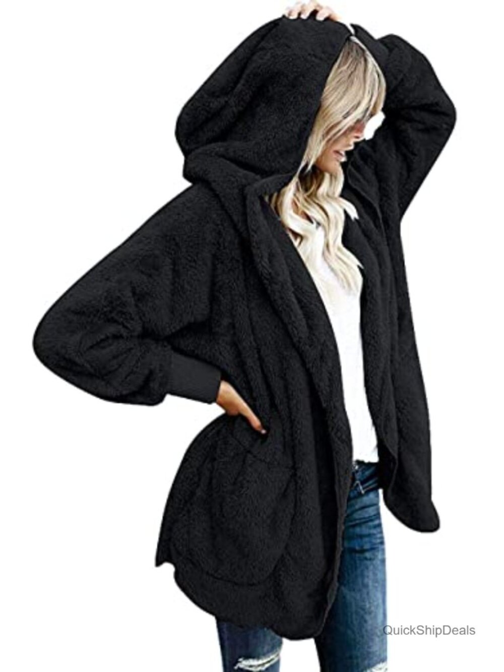 Womens Fuzzy Fleece Hooded Cardigan Open Front Sherpa Coat with Pockets